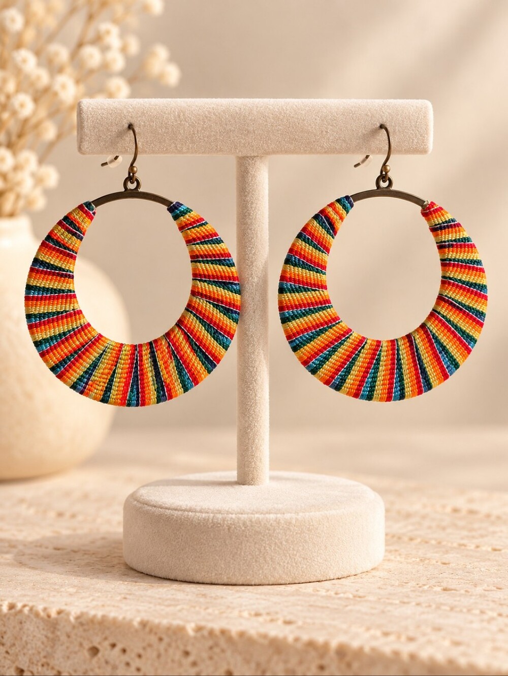 Colorful Rainbow Beaded Hoop Earrings - Multicolor